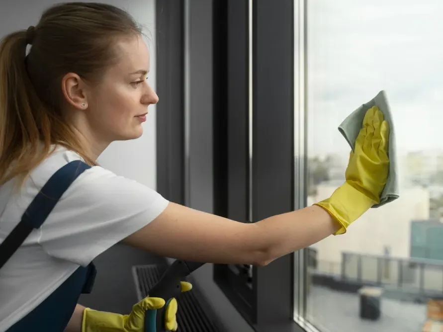 Reinigungskraft putzt Fenster in einer hellen Wohnung